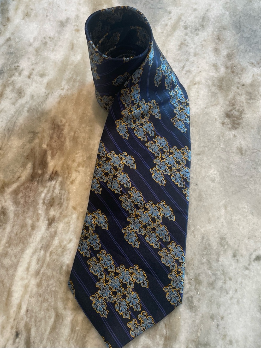 Brioni Navy Powder Blue Gold Accent Silk Tie